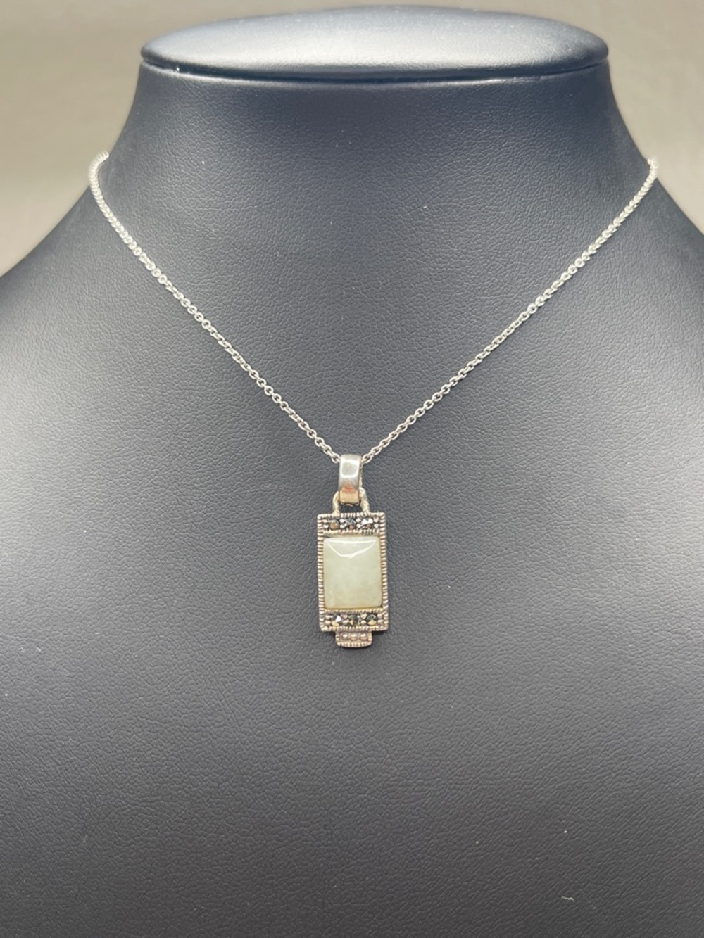 Sterling Silver Marcasite Petite Green Stone Pendant Necklace